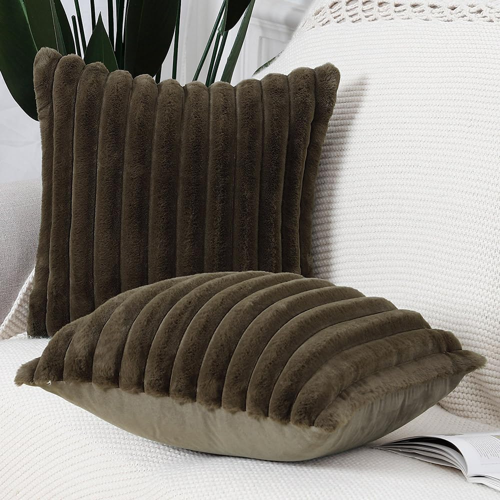 MADIZZ Set of 2 Faux Wool Plush Decorative Throw Pillow Covers 18x18 Inch Drak Brown Fluffy Striped Soft Decorative Cushion Cover for Sofa Bedroom Pillow Shell