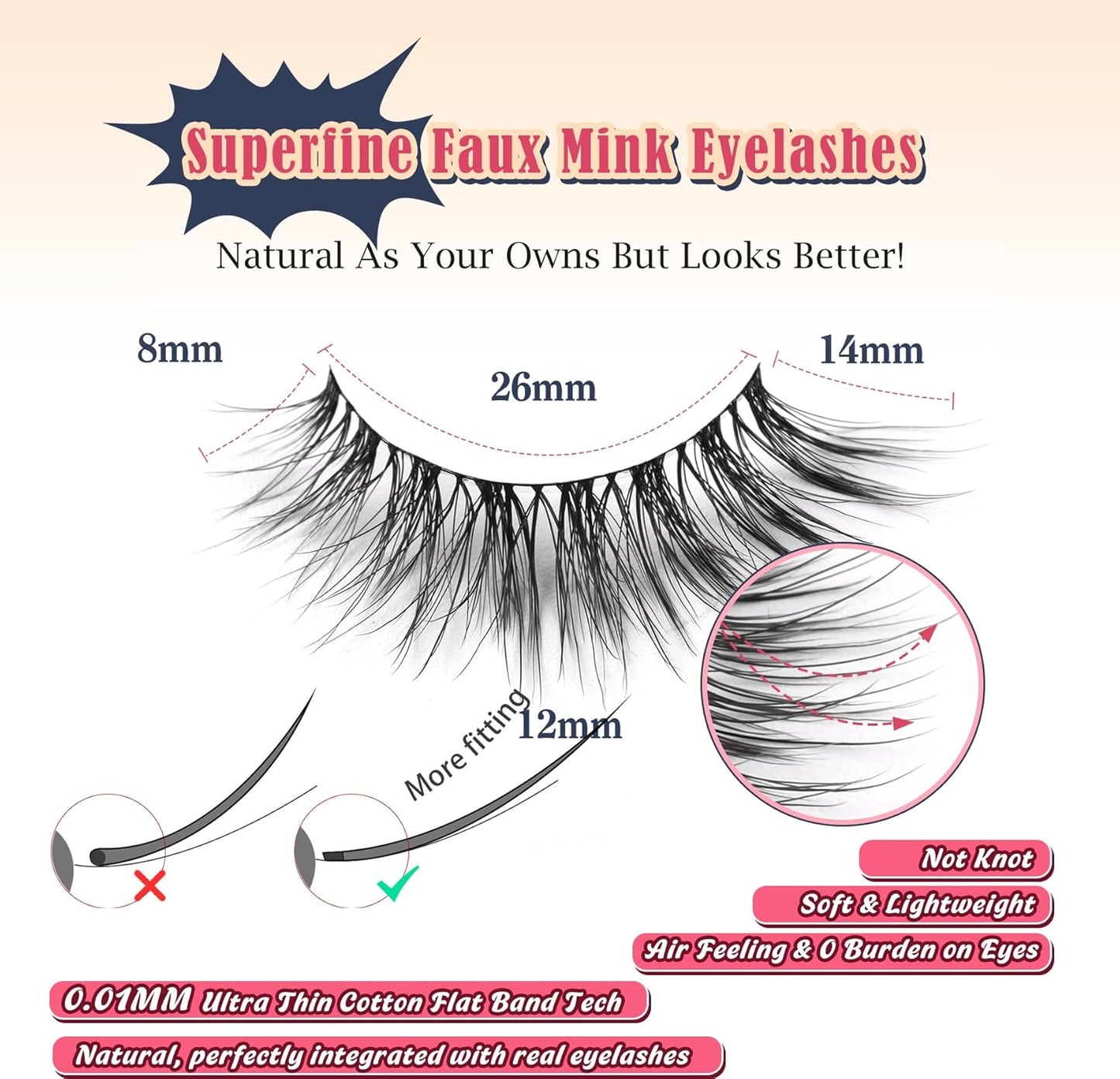 Natural Cat Eye Lashes Wispy Eyelashes 14mm Lightweight False Eyelashes 3D Volume Natural Strip Lashes 0.1mm Thin Cotton Band Lashes Pack C Curl Soft Lashes 7 Pairs Siligli