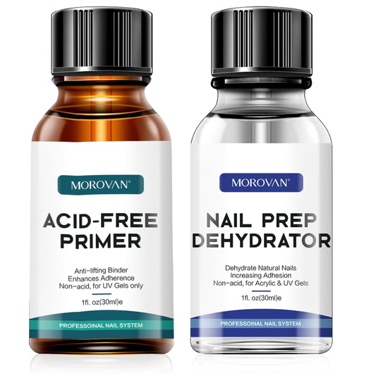 Morovan Nail Primer And Natural Nail Prep Dehydrate Set, Nail Dehydrator and Primer, Fast Air Dry For Gel Polish & Acrylic Powder, Gel Nail Primer and Dehydrator 30ml / 1oz