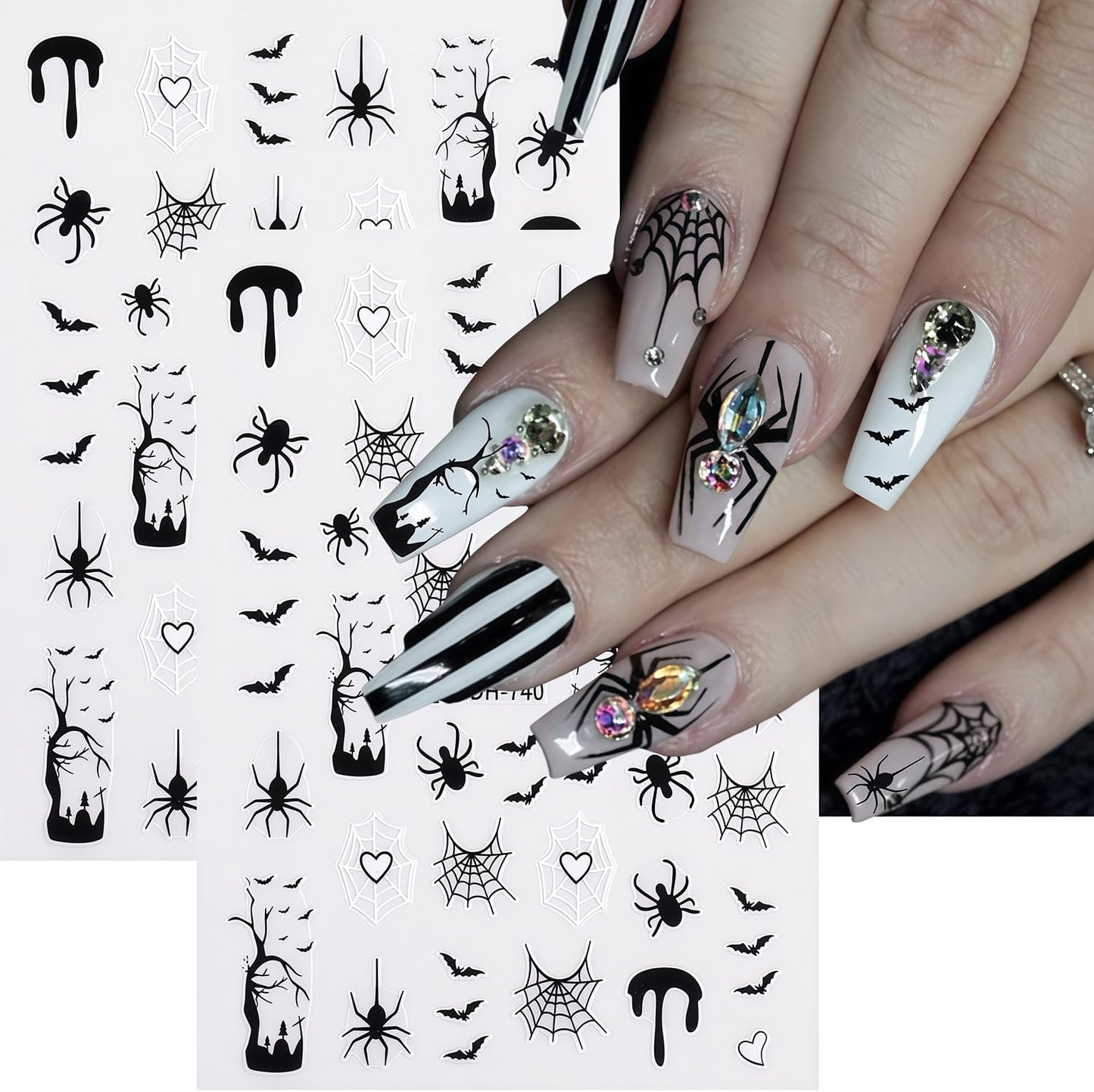 6 Sheets Halloween Nail Art Stickers Nail Decals 3D Self-Adhesive Spider Web Spider Cute Ghost Bat Nail Stickers Design Fall Holiday Salon DIY Nails Decoration Accessories for Women