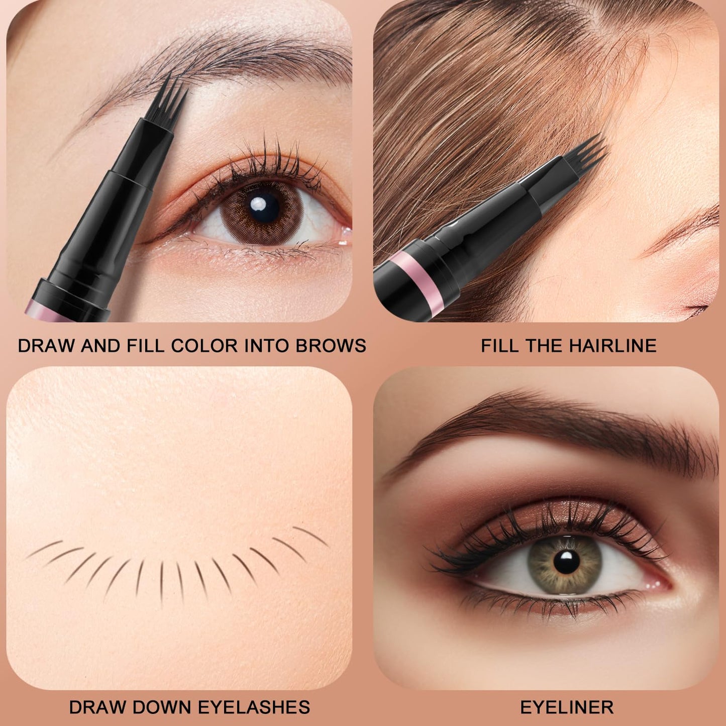 Eyebrow Pencil,2-in-1 Waterproof Eyebrow Pen with 4 Tip Brow Pen and Ultra-Precise Brow Pencil,with Dual-ended Eyebrow Brush,Eyebrow Makeup for Natural Looking Eyebrows - Ebony