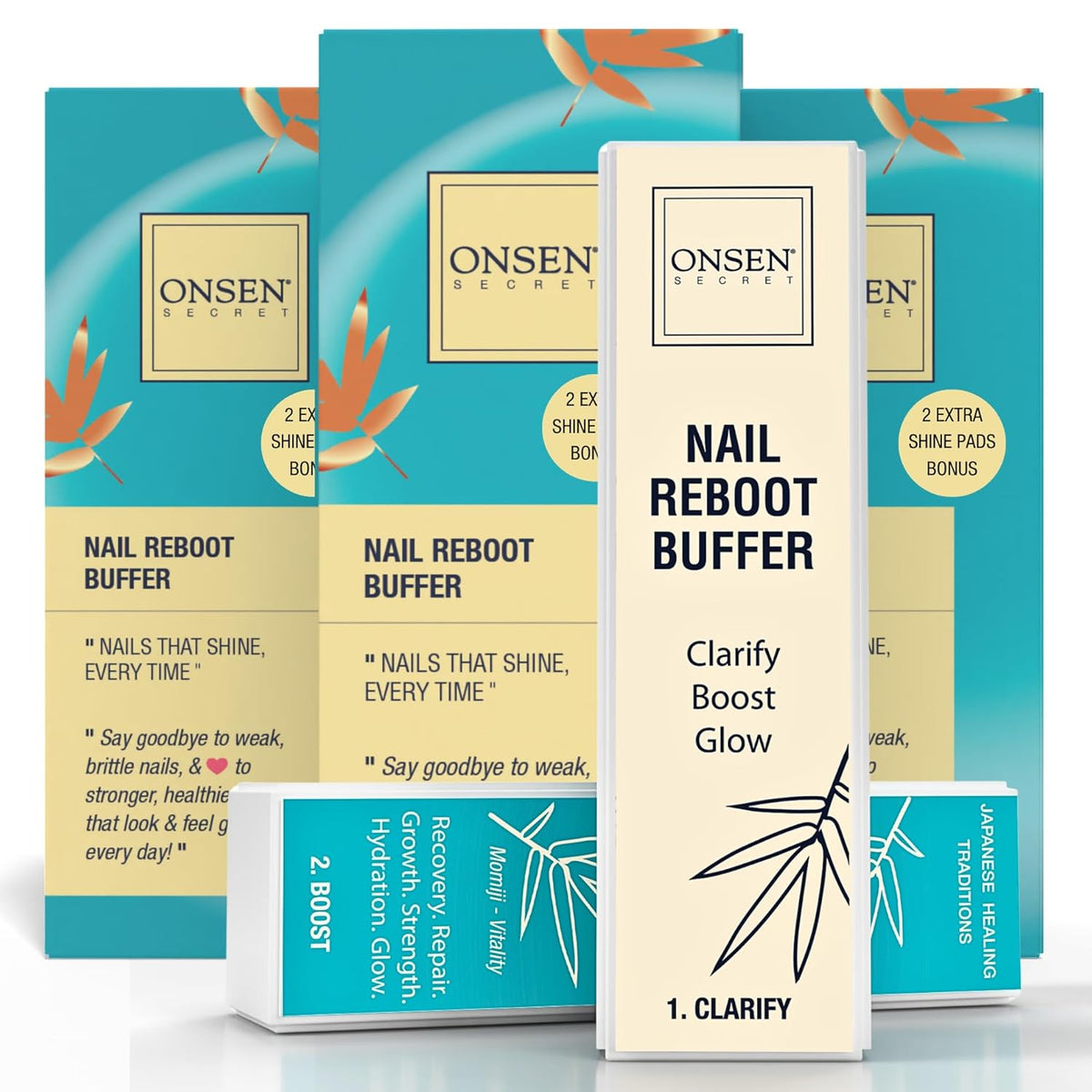 Onsen Secret Professional Nail Buffer Block | 4-Way Buffing for Natural Shine & Healthy Natural Nails - Includes 2 Extra Shine Pads, Salon-Quality, Post-Gel & Acrylic Recovery | 3 Pack