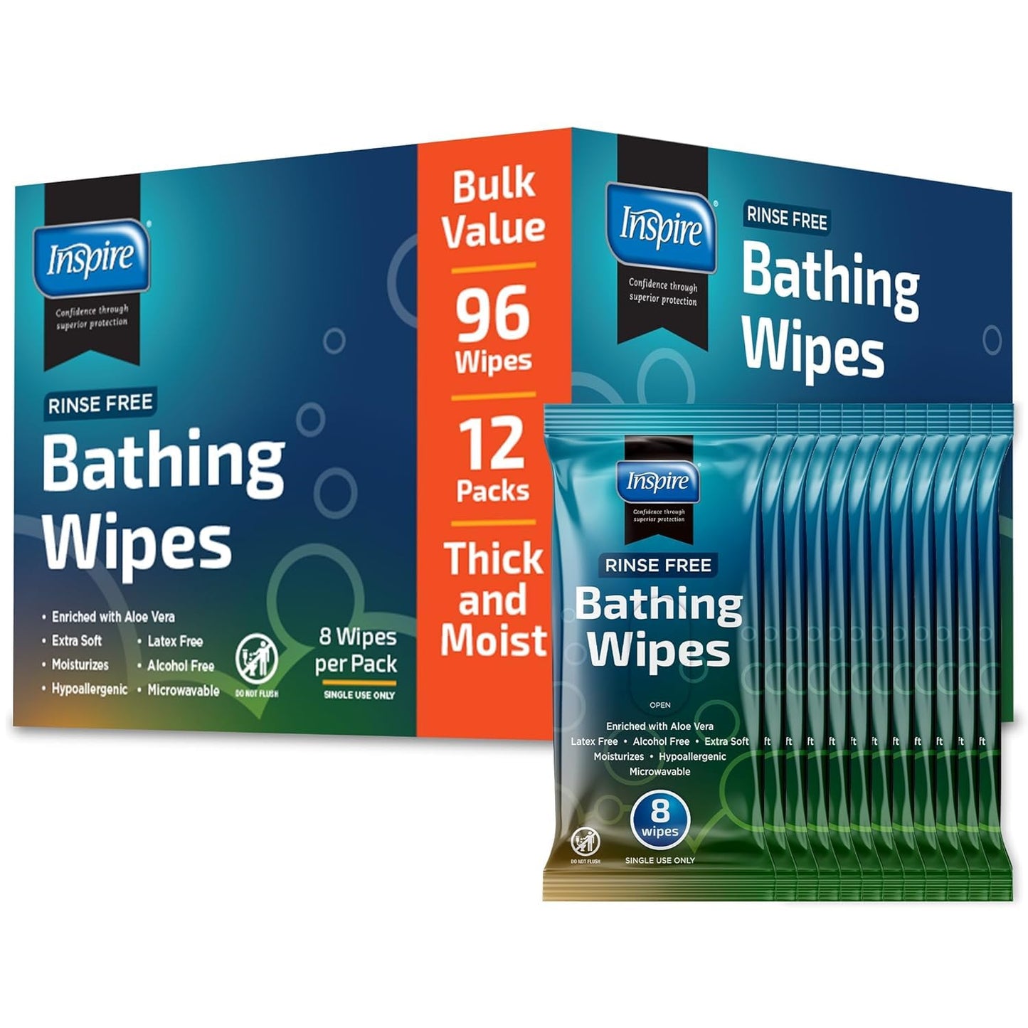 Inspire Thick Rinse Free Body Wipes, Extra Large Washcloths For Adults, Aloe Vera Enriched