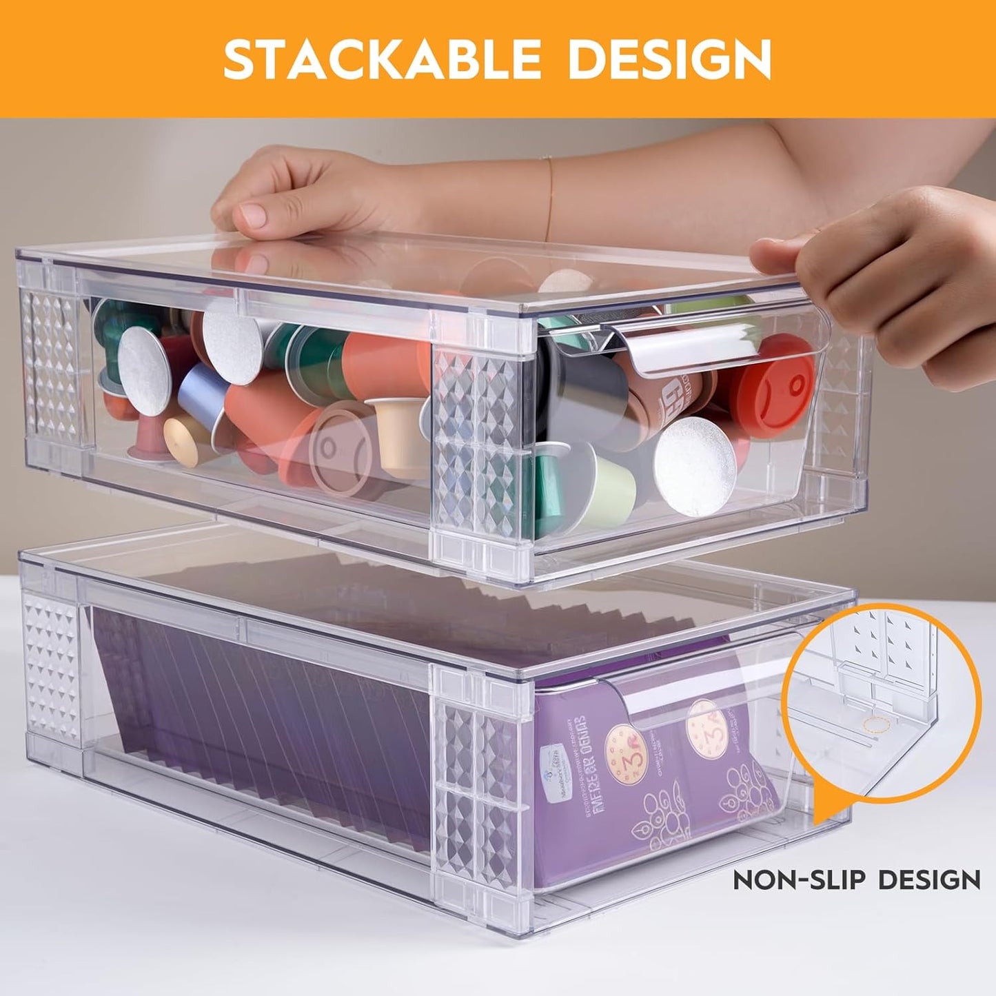 Clear Stackable Storage Drawers, 3.95” Height, 4-Pack Acrylic Organizer for Bathroom & Cabinet Use