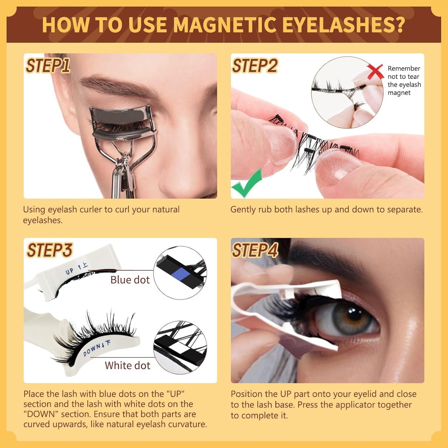 QUEWEL 4 Pairs Magnetic Eyelashes Natural Look, Reusable Magnetic Eyelashes with Applicator, No Glue Needed Lash Clusters Kit, Easy to Wear and Remove(4 Pairs-A02)
