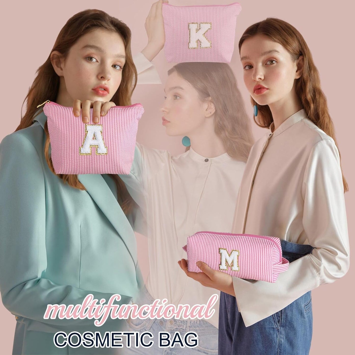 YOOLIFE Birthday Gifts for Women Girls - Personalized Initial Cute Pink Makeup Bags Cosmetic Bag Make Up Bag Toiletry Pouch Gift for Women Her Friend Mom Teacher Sister Teenager Female Bridesmaids