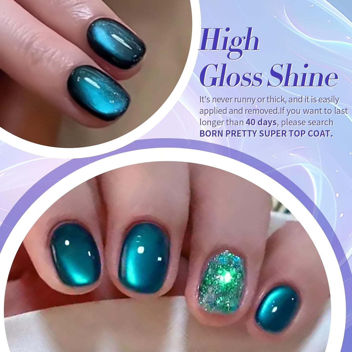 Born Pretty Cat Magnetic Eye Gel Nail Polish Glitter Auroras Magnetic Gel Polish Colorful Holographic Cat Magnetic Eye Nail Art Manicure DIY at Home 6PCS