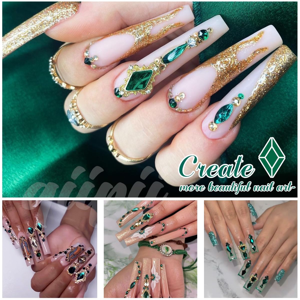 24pcs 6 Styles Emerald Green Nail Charms Big Luxury Nail Rhinestones Heart Gems Crystals Diamonds Jewelry Jewels Stones Nail Art Studs for Arylic Nails DIY Crafts Clothes Shoe Phones Cardmaking