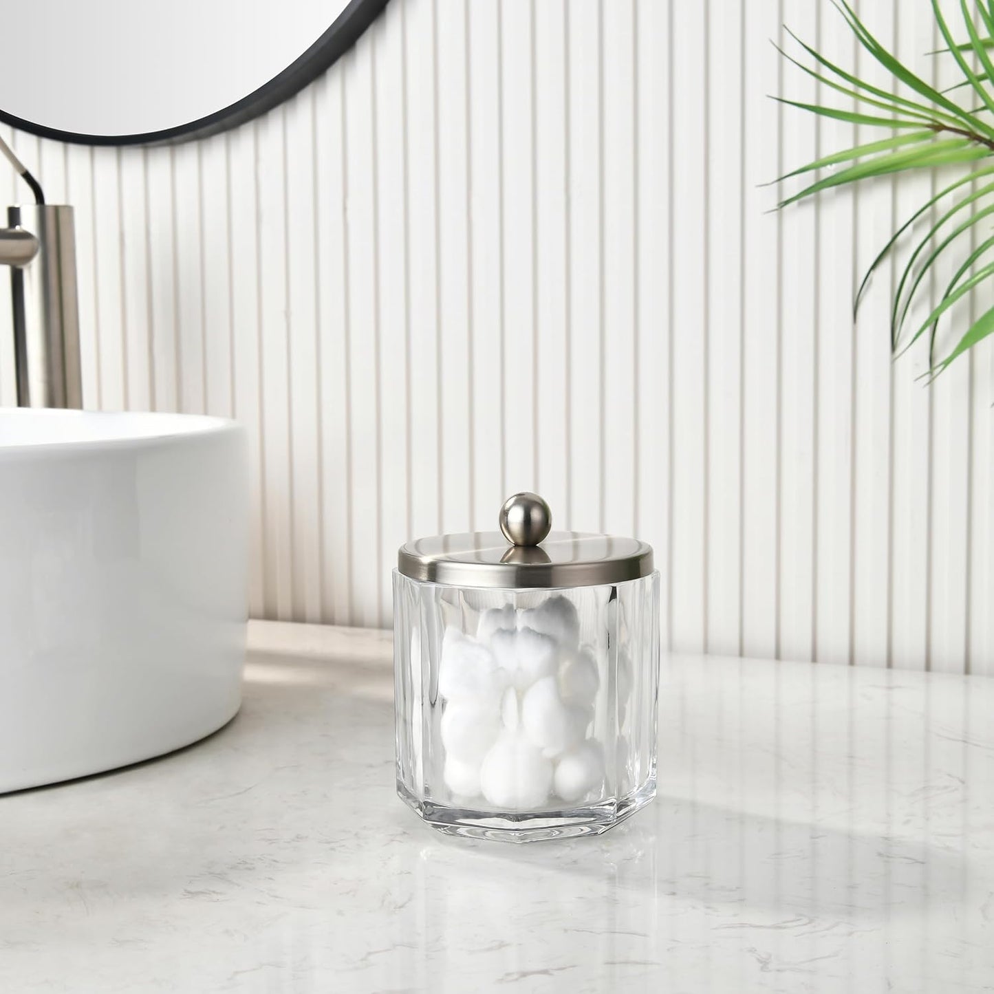 Home Glass Cotton Jar Holder Nickel Lid, Elegant Bathroom Storage Canister for Qtips, Cotton Balls, Floss, Makeup Organizer, Vanity Bathroom Organization