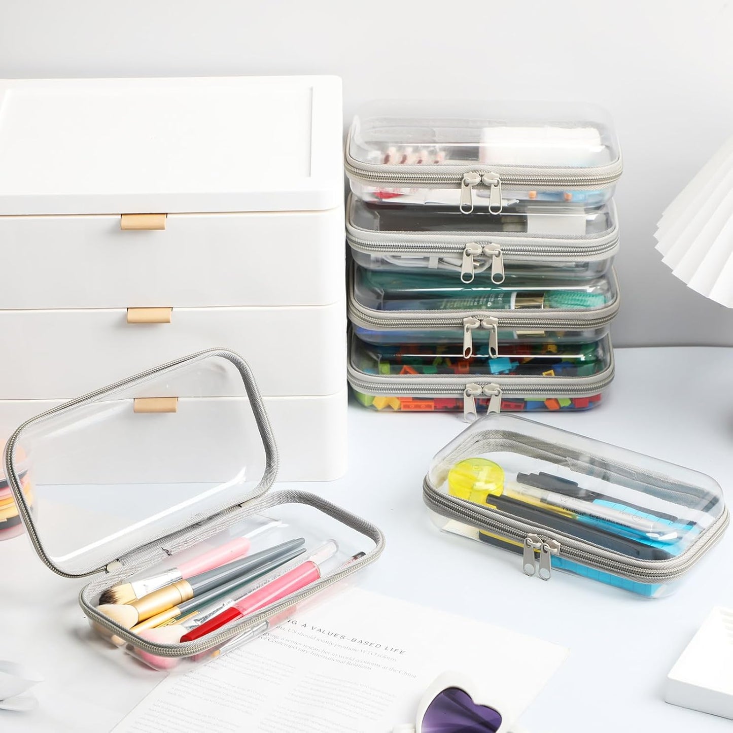 Sanwuta 6 Pcs Clear Hard Zipper Case Pencil Pouches Hard Plastic Zipper Pouches Makeup Bag Transparent Cases for Snacks Plastic Storage Organizer Box for Travel(Gray,7.48 x 3.94 x 2 Inch)