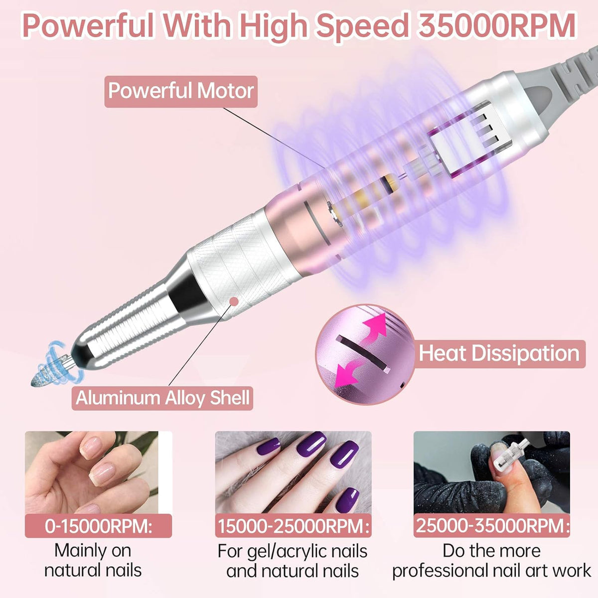 Delanie Professional Portable Electric Nail Drill Machine, 35000 RPM Rechargeable Cordless Nail Filer Electric Nail File Efle for Dip Powder Acrylic Gel Nail, Salon Nail Tool, Rose Gold
