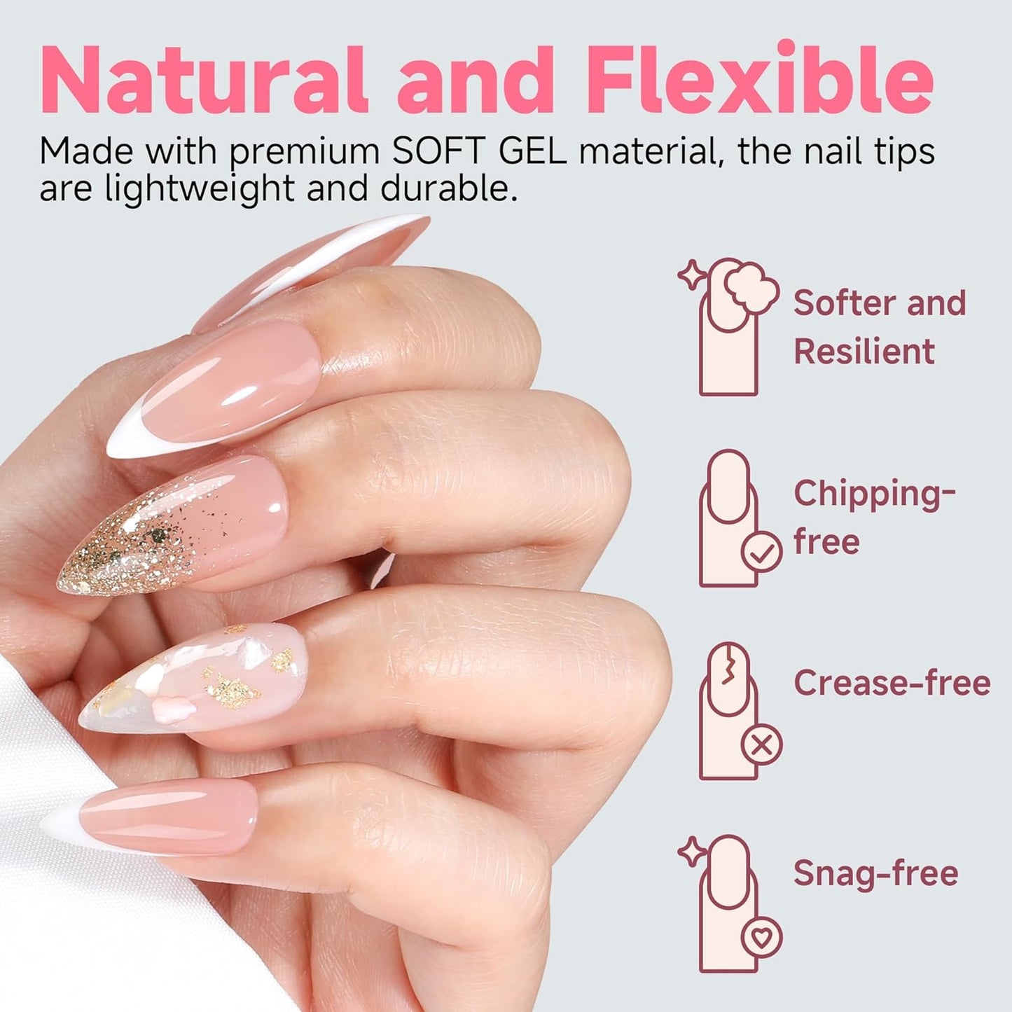 UNA GELLA Stiletto Gel Nail Tips: Full Cover 312Pcs No C Curve Halloween Stiletto Nail Tips Pre-buff Press On Nails Half Matte Almond Gel Tips for Nail Extension DIY Salon 12 Sizes