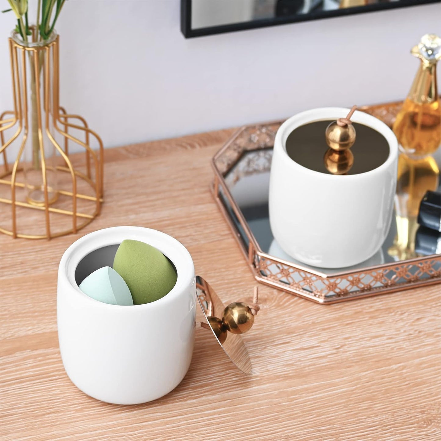 2 Pack Ceramic Qtip Holder Dispenser with Gold Lids, White Apothecary Jars Bathroom Vanity Organizer for Home Decor - Bathroom Canister for Cotton Swabs, Rounds, Balls, Makeup Sponges, Bath Salts