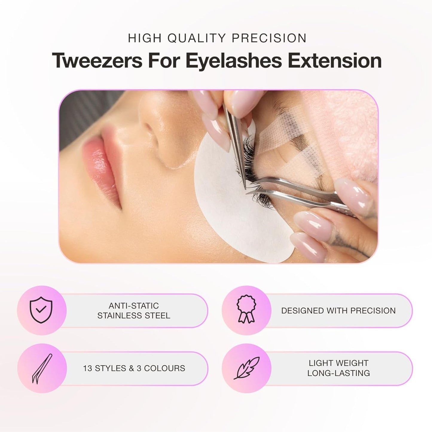 Curacoro Lash Tweezer - Professional & Precision Fiber Tip Grip Lash Tweezers for Eyelash Extensions, Multi Shapes & Purposes Tweezers for Volume, Isolation & Classic Lashes (Silver, Give Me the D)