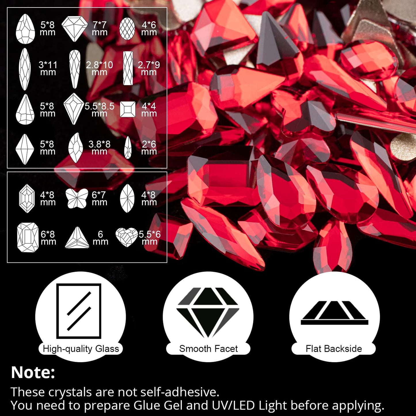 18 Styles Multi-Shaped Glass Gemstones for Nails and 6 Sizes Round Crystal Rhinestones Kit #3, Red Nail Art Charm Bead Manicure Decoration with Pickup Pencil and Tweezer