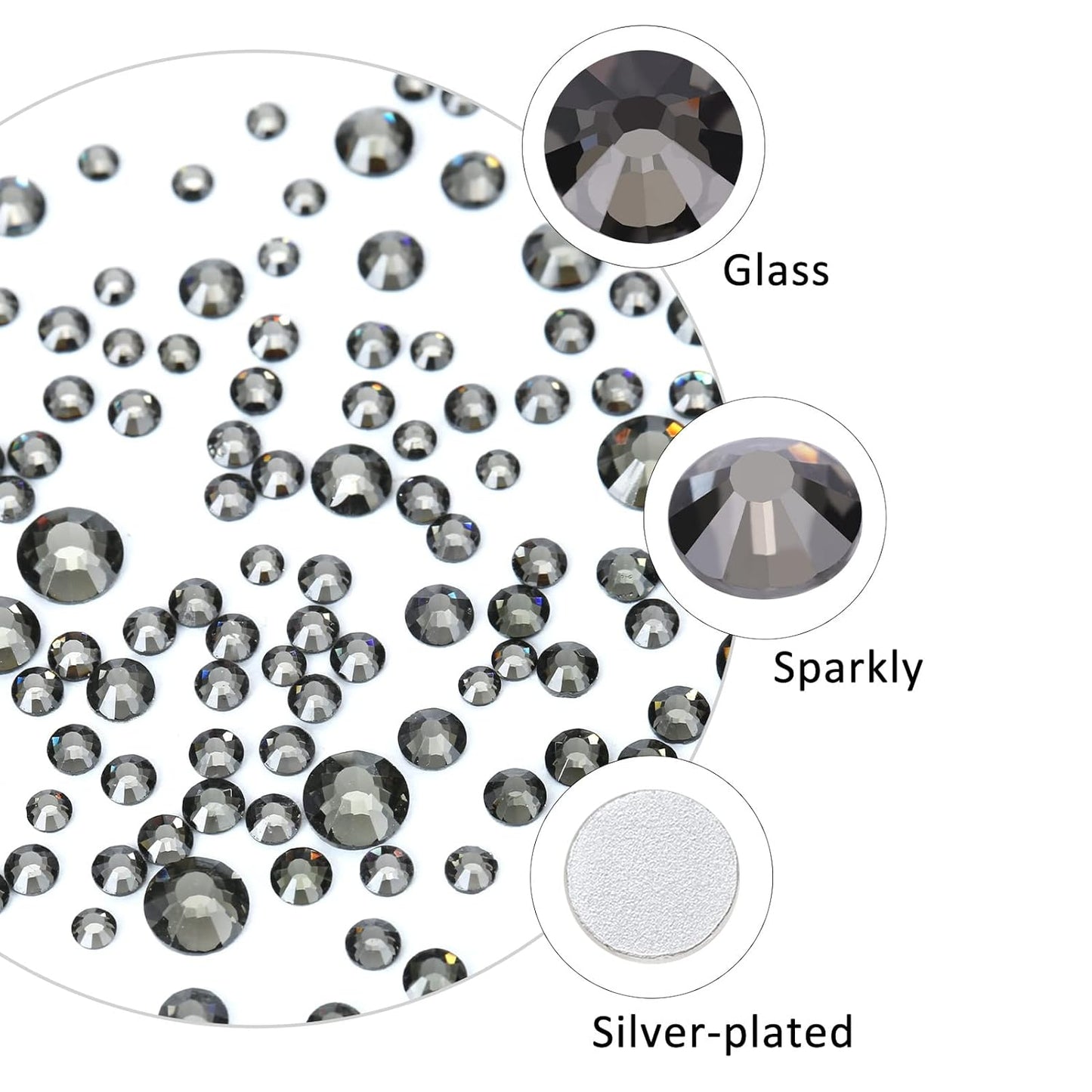 4240Pcs Black Diamond Flatback Rhinestones 6 Sizes Crystal Diamonds for Nail Art Crafts Clothes Shoes with Tweezers and Picking Pen