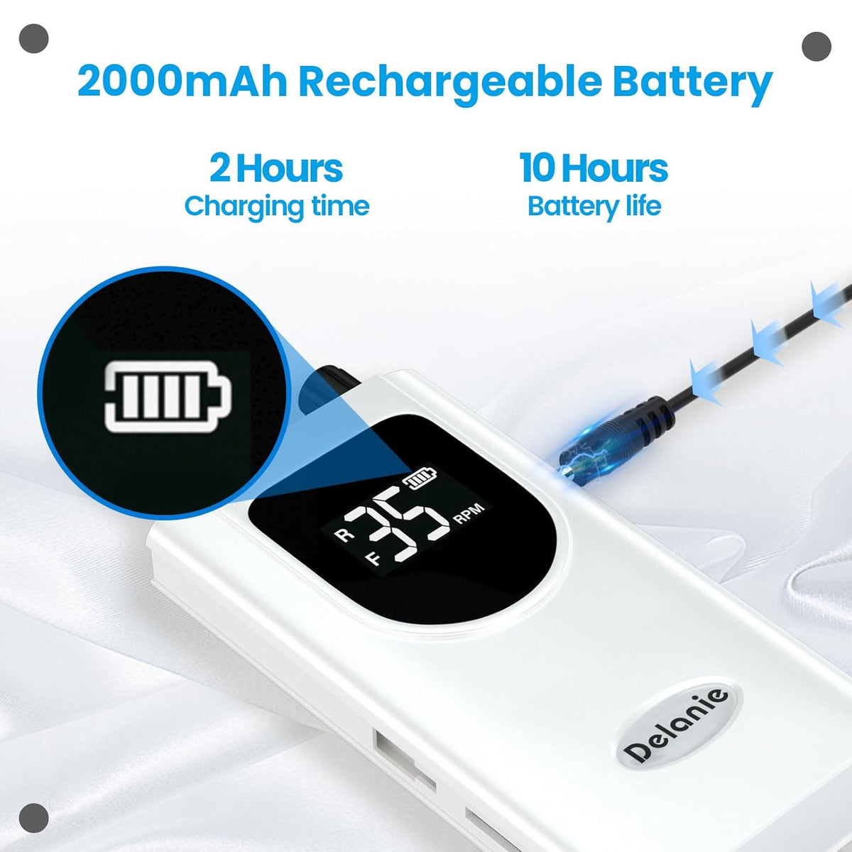 Delanie Professional Nail Drill High Torque 35000 RPM Rechargeable Portable Electric Nail File Filer for Acrylic Gel with Cuticle Bits, Salon Manicure Tool, White
