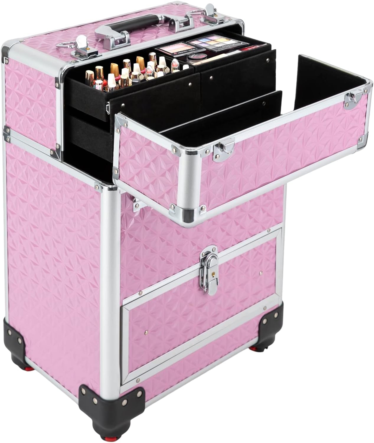 Rolling Makeup Train Case Pink Professional Cosmetic Organizer Trolley Large Capacity Travel Makeup Storage with Wheels