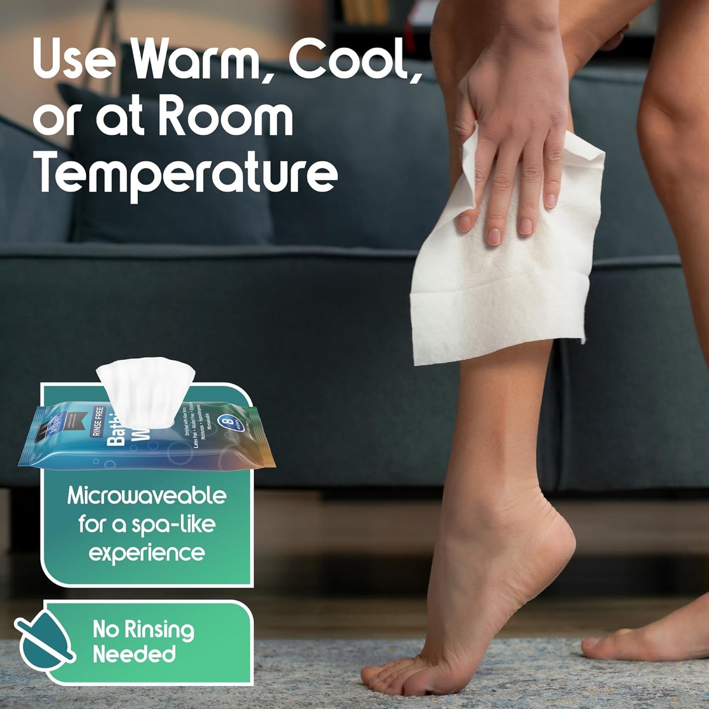 Inspire Ultra Thick Rinse-Free Bath Towels | Shower Towels - Flush-Free Wet Wipes with Aloe | Thick Strong Extra Large Towel for Adults | Body Wipes for Adults Bathing No Rinse