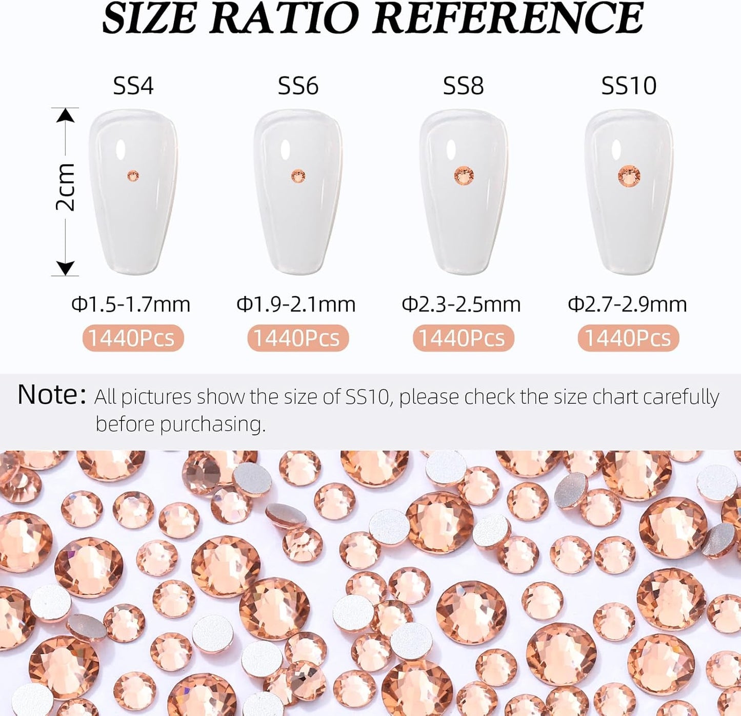 Champagne Flatback Rhinestones, Glass Rhinestones for Nail Art and Craft, Glue Fix, Loose Crystal Gemstones(Champagne, SS8, 1440pcs, 2.3-2.5mm)