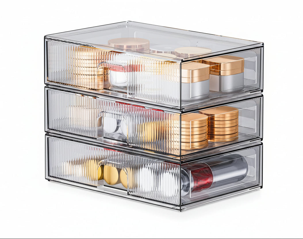 3 Piece Clear Stackable Acrylic Drawer Organizer Set for Vanity Bathroom Cabinet Storage