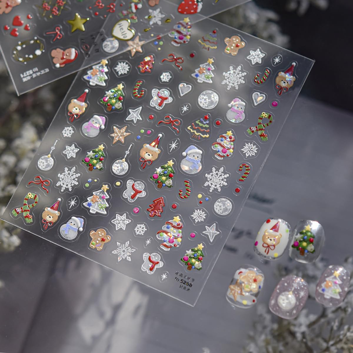 Christmas Nail Art Stickers 5D Ombre Embossed Cute Snowman Nail Stickers Xmas Little Bear Xmas Tree Snowflake Candy Cane Nail Decals for Women Girls Winter Holiday Manicure DIY Nail Supplies 1Sheet