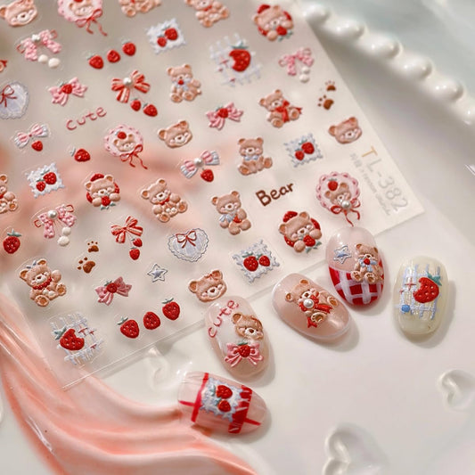 Cute Nail Stickers Bear Nail Art Decals Strawberry with Design Nails Art Stickers 5D Embossed Charms Self Adhesive Nails Decals for Women Girls Kid Manicure DIY Decoration Accessories