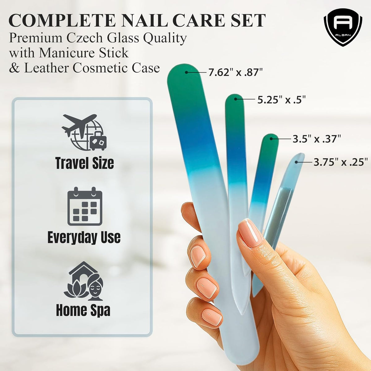 Alban Czech Glass Nail File Set with Manicure Stick & Vegan Leather Cosmetic Case (Green-Blue Nail Files, Light Blue Manicure Stick & Cosmetic Case)