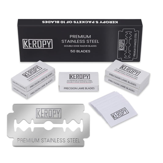 Double Edge Safety Razor Blades-50 Count Premium Razor Blades, Surgical Stainless Steel with Chromium Coating&3X Sharper Edges, Zero Irritation, Fits Most of Safety Razors, Sensitive Skin Safe