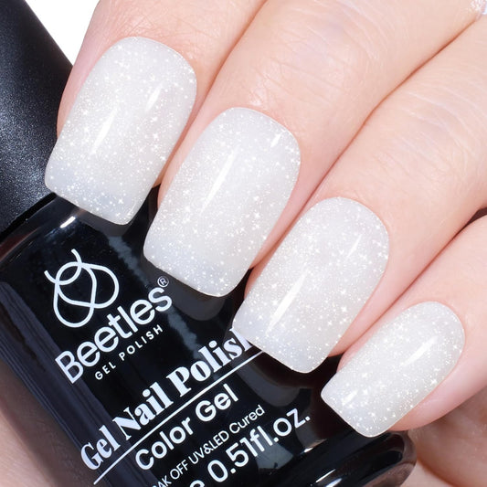 Beetles White Gel Nail Polish-15 ml Shimmer Glitter Milky White Gel Nail Polish Soak Off UV/LED Lamp Nail Art Manicure Salon DIY for French Nail Home Gift for Women Girls