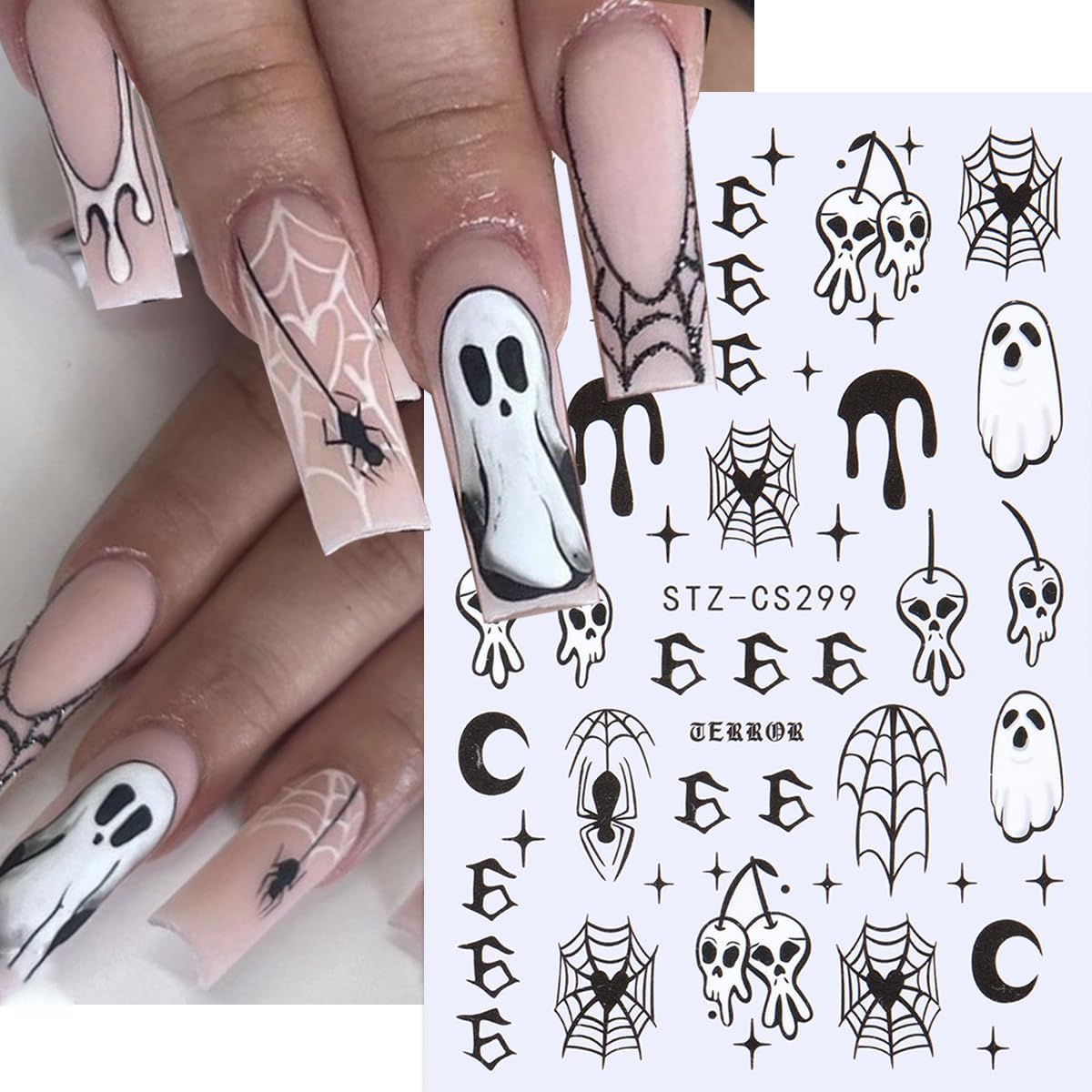 6 Sheets Halloween Nail Art Stickers Spider Web Nail Decals Pumpkin Ghost Nail Stickers Bat Heart Line Flame Nail Sticker for Nail Art 3D Self Adhesive Holiday Manicure Supplies for Women