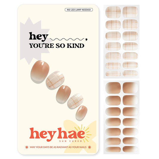 Semi Cured Gel Nail Strips | No LED Lamp Needed | Ombre, Beige, Brown | Easy Apply & Remove, Salon Quality | Includes 28 Strips, 1 Prep Pads, Nail File & Wooden Stick - Hey, You're So Kind
