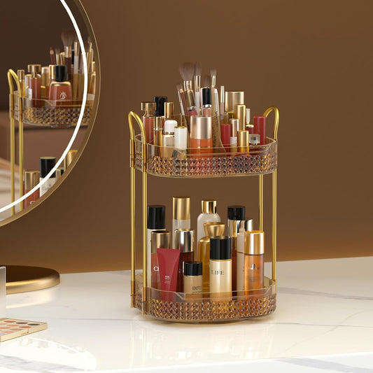 Awenia Rotating Makeup Organizer 360, Stackable Adjustable Large Capacity Cosmetic Storage Unit,Dresser Bathroom Kitchen Countertop Organizer with Metal Handle, Plus Size (Honorable Gold, 2 Tier)