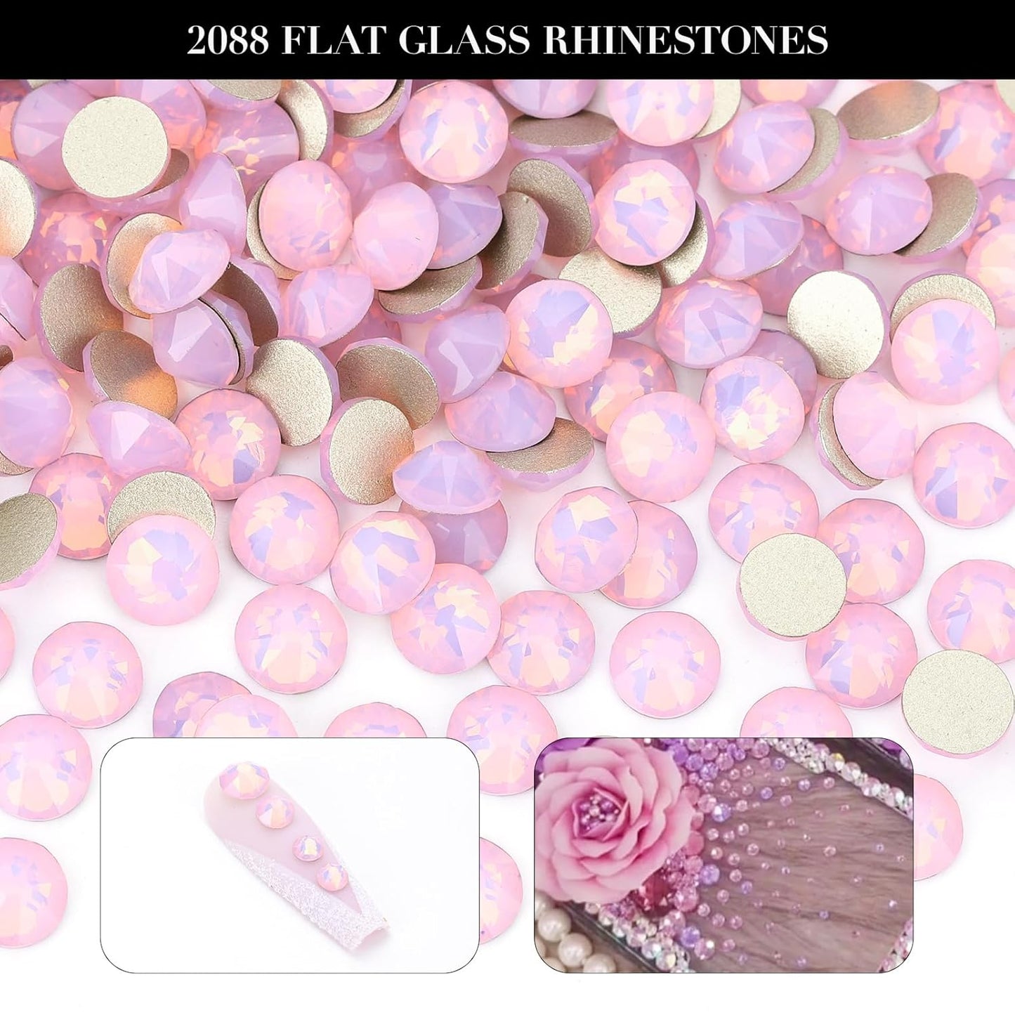 Novani Pink Opal Rhinestones 288pcs Flat Back Round Rhinestone Style 2088 Sparkly Crystal Gemstones for Nail Art and Crafting SS30,6.4-6.6mm