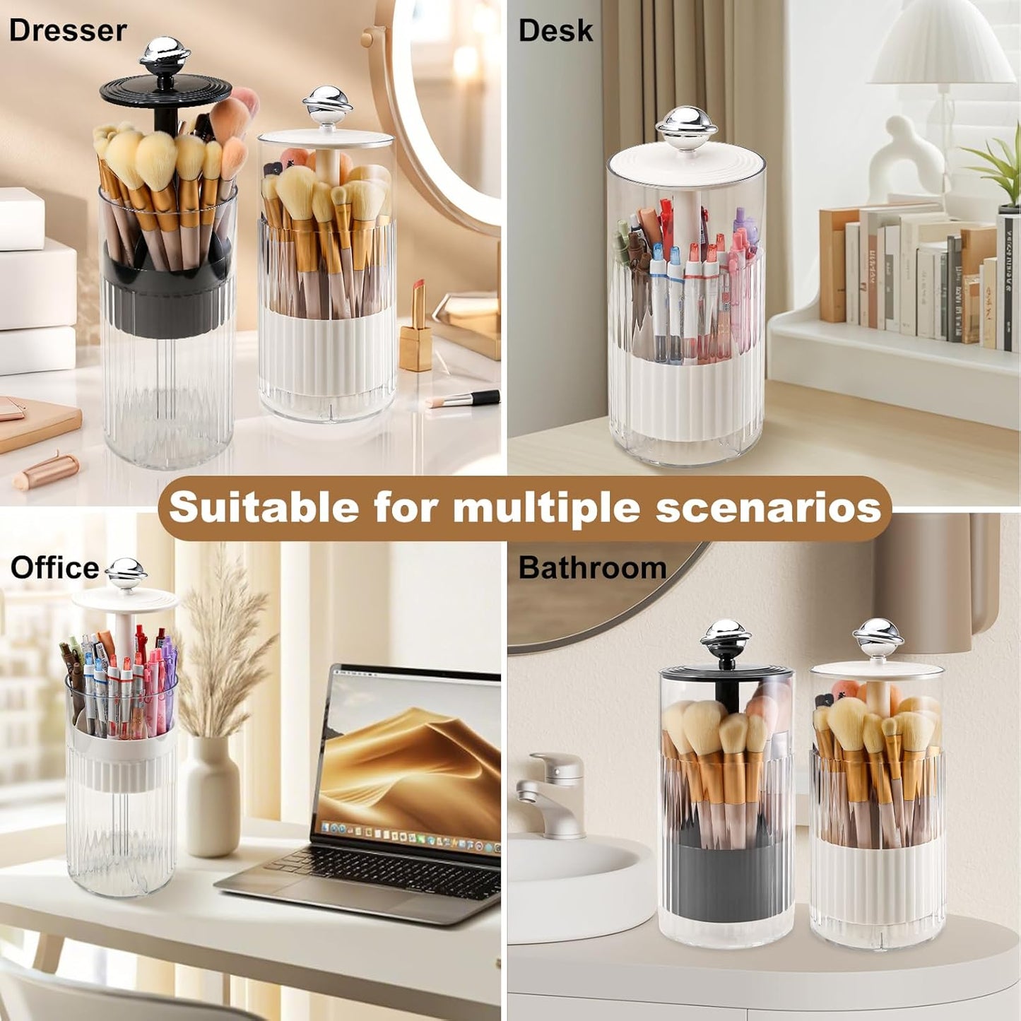 Automatic Lift Makeup Brush Holder with Lid Dustproof Clear Cosmetic Brush Organizer 4-Slot Vanity Brush Storage Container (Cream)
