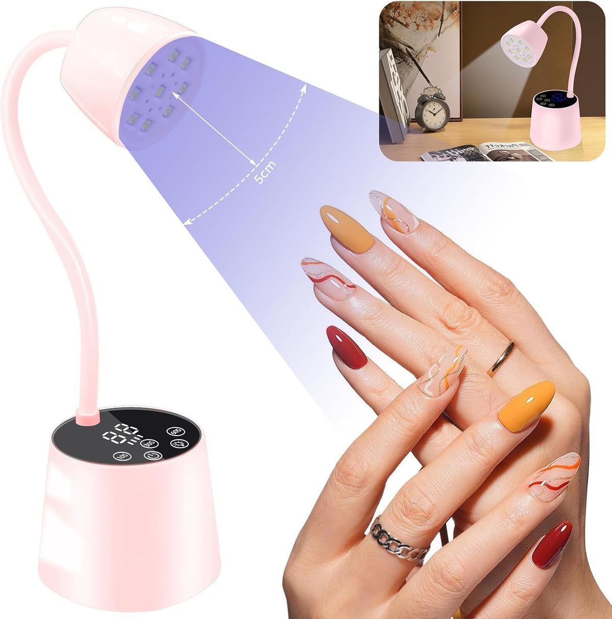 UV Nail Lamp, 2 in 1 UV Light for Gel Nails Curing Polish and Desk Lamp,27W Rechargeable LED Nail Light Nail Dryer with 3 Timers & Auto Sensor, Fast Flash Goosenecks Lamp for Home DIY Manicure-Pink