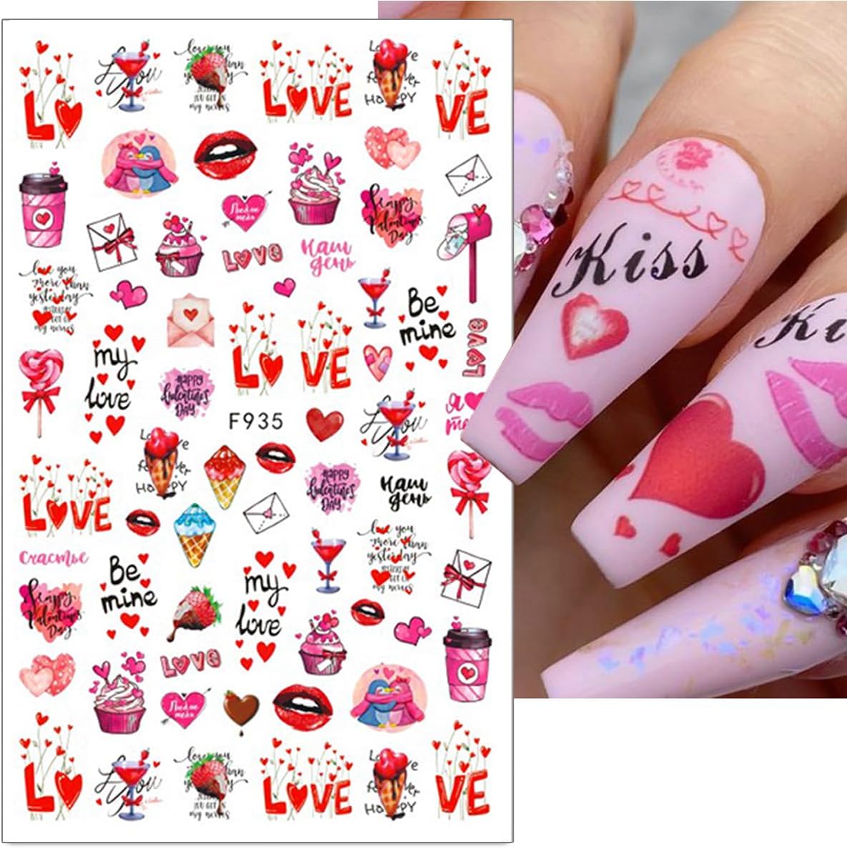 10 Sheets Valentine's Day Nail Art Stickers 3D Self-Adhesive Heart Nail Decals Red Pink Rose Lips Gnome Design Nail Sticker Cute Cartoon Valentines Nail Art Supplies for Women Manicure Decoration DIY