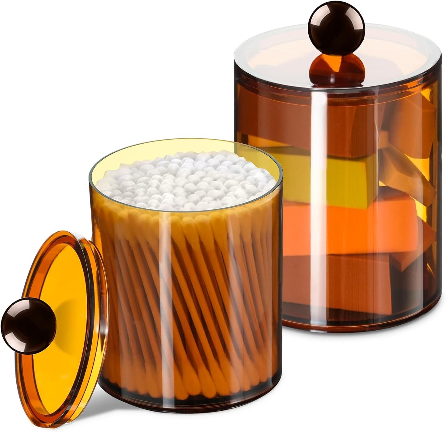 2 Pack Qtip Holder,Canister Apothecary Jar Set, Bathroom Jars with Lids Set for Cotton Swabs, Balls, Pads, Floss Picks,10oz-12oz Plastic Canisters Restroom Bedroom Vanity Organizer(Brown)