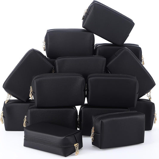 Kigeli 15 Pcs Aesthetic Makeup Bags PU Leather Cosmetic Pouches Waterproof Plain Toiletry Bags Makeup Pouches Bulk for Women Party Gift Travel Storage Organizer (Black)