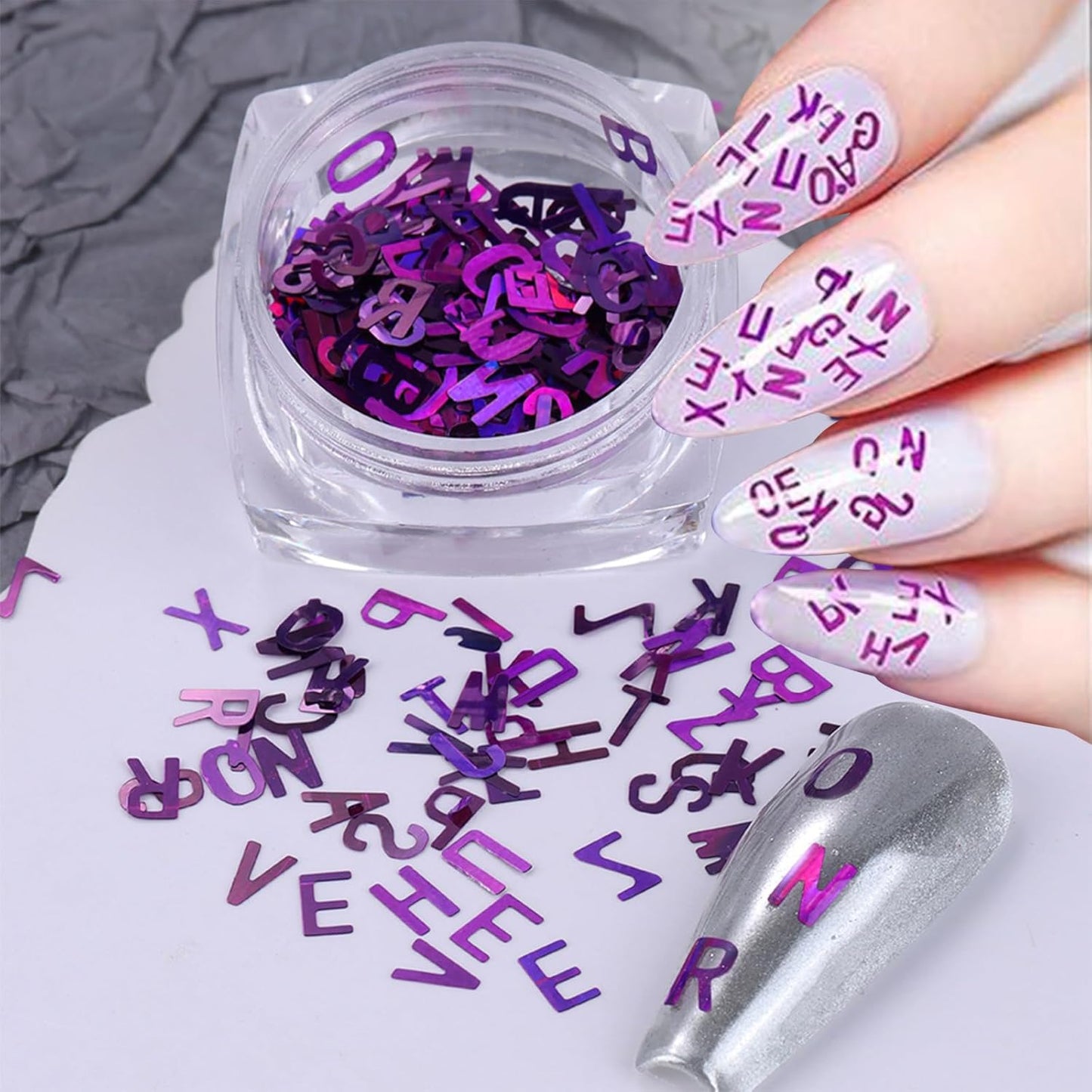 3 Colors Nail Art Glitters & Sequins - Black & Purple Letter Shaped Nail Sticker for Women's Manicure DIY