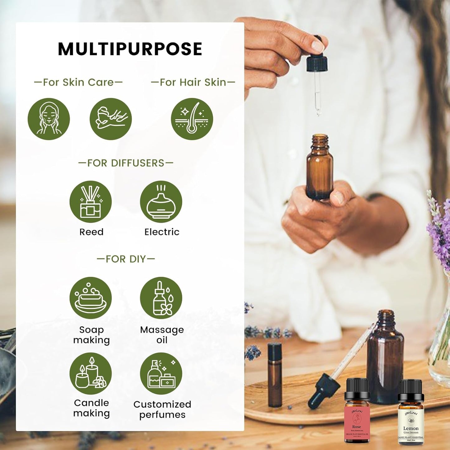 yethious Rose Lemon Essential Oils Set 2pcs*10ml 0.66oz 100% Organic Pure Aromatherapy Gift Oil Kit for Diffuser Rose Oil Essential Oil