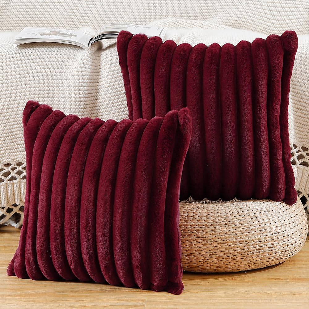 MADIZZ Set of 2 Faux Wool Plush Decorative Throw Pillow Covers 22x22 Inch Burgundy Fluffy Striped Soft Decorative Cushion Cover for Sofa Bedroom Pillow Shell