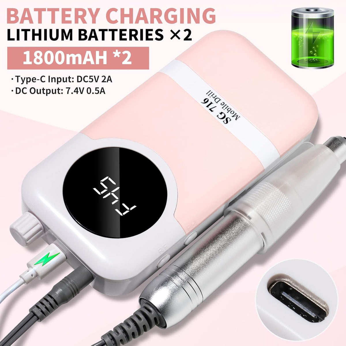 Electric Nail Drill Professional Kit - 45000RPM Electric Nail File Efile Portable Nail Drill Cordless with Bits & Base,E File Machine Nail Grinder for Women (Pink)