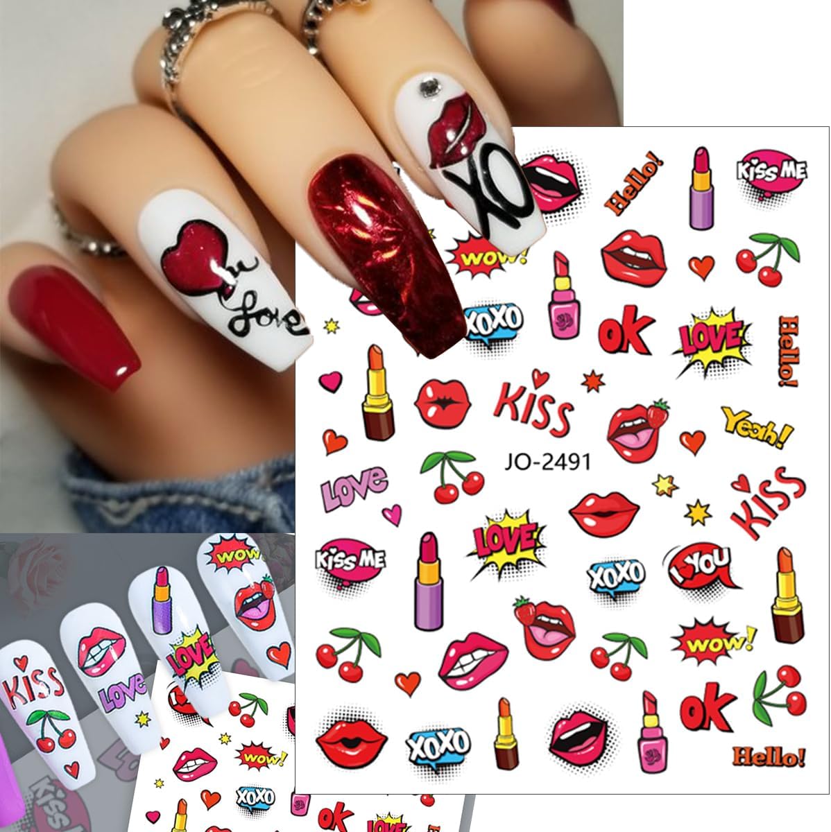 12 Sheets Valentine's Day Nail Art Stickers 3D Colorful Heart Nail Supplies Flaming Red Lips Love Angel Nail Art Design Valentines Nail Stickers Romantic Cupid Lover Nail Decals for Women Manicure