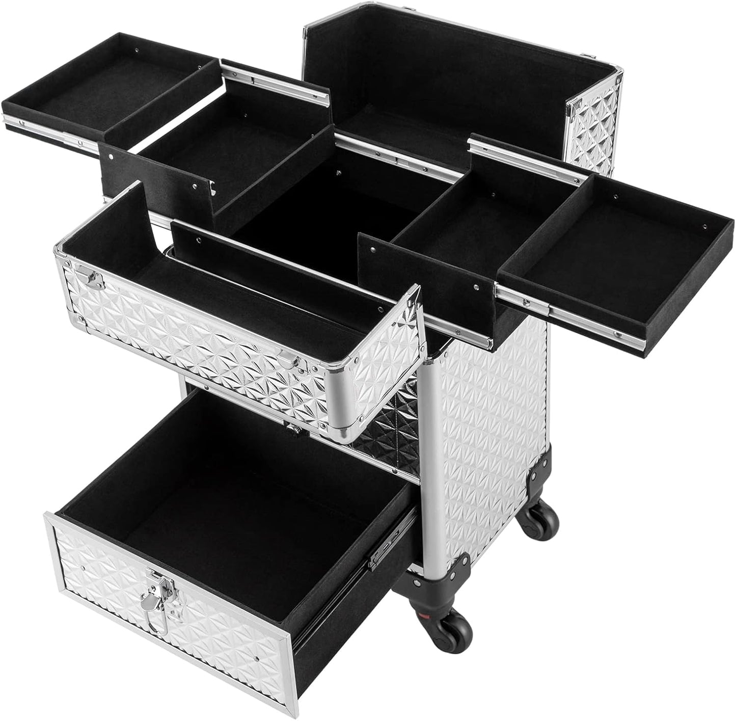 Rolling Makeup Train Case with Wheels Large Capacity Professional Cosmetic Organizer Trolley Case with Expandable Trays