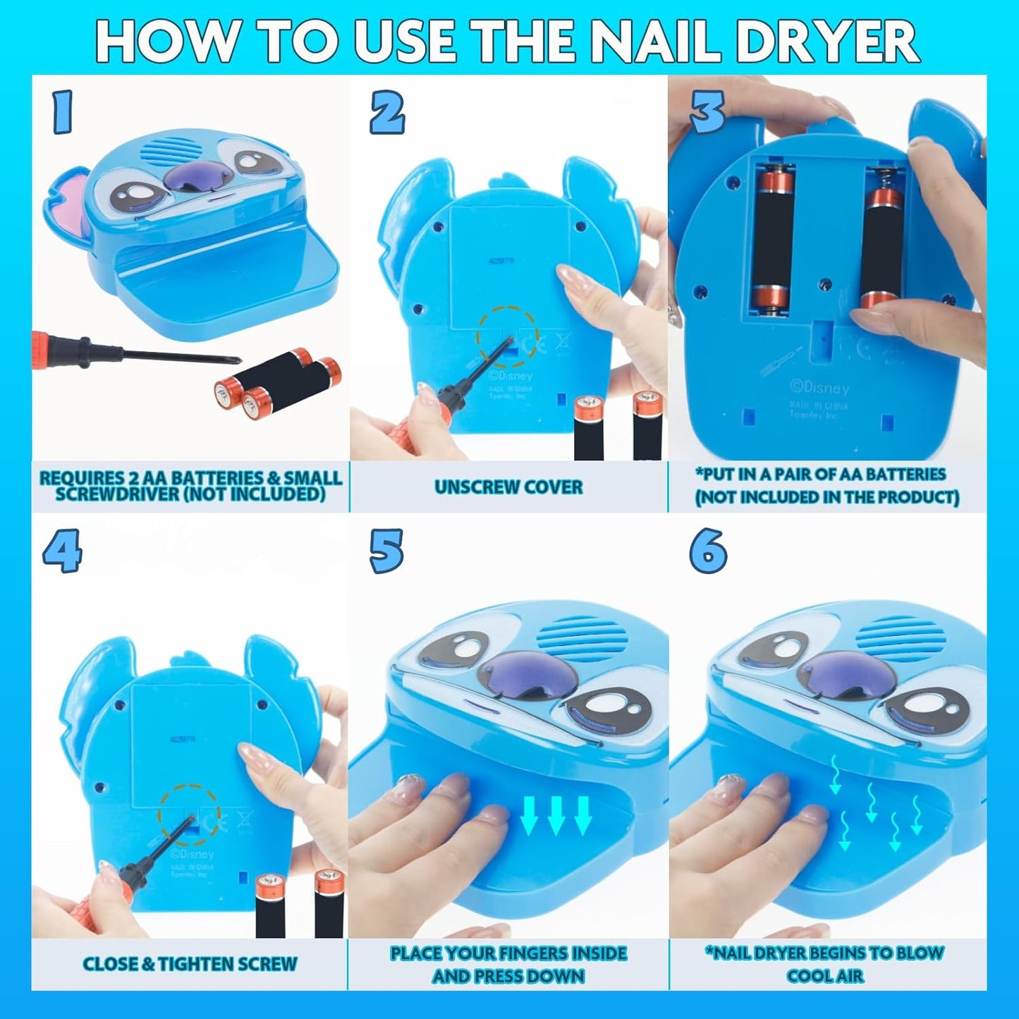 Townley Girl Disney Stitch 16 Piece Water-Based Nail Polish with Nail Dryer, Peel-Off Nail Polish with Water, Shimmer and Opaques Colors, AA Batteries Not Included, Ages 3