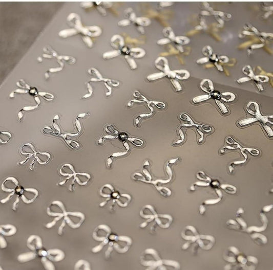 5D Embossed Nail Stickers for Nail Art Bow Nail Art Stickers Silver Nail Decals Self Adhesive Nail Decals Rhinestone Nail Art Design Manicure Supplies Charm for Women Christmas Nail Art Decorations