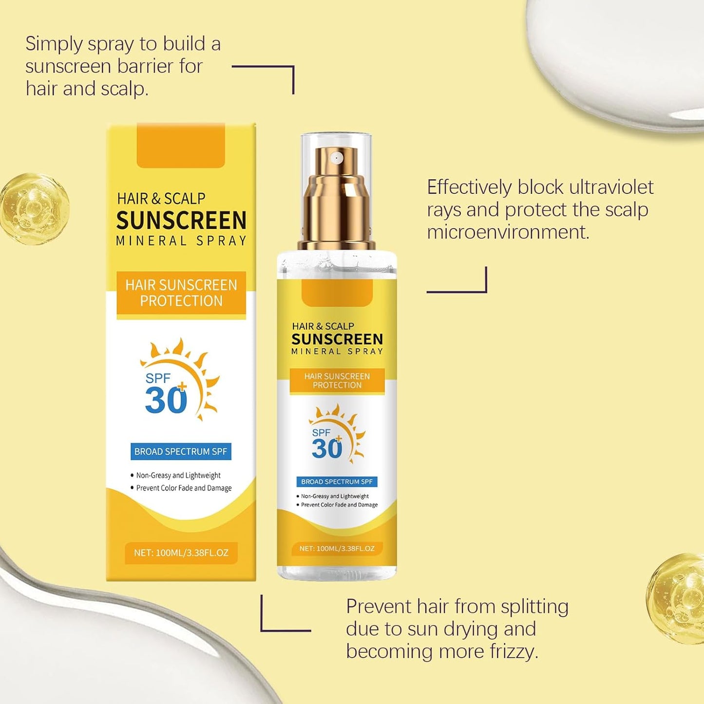 2 Pcs Ultimate Hair and Scalp Sunscreen Spray SPF 30 PA++ Oil Control Lightweight Breathable for All Hair Colors and Types.