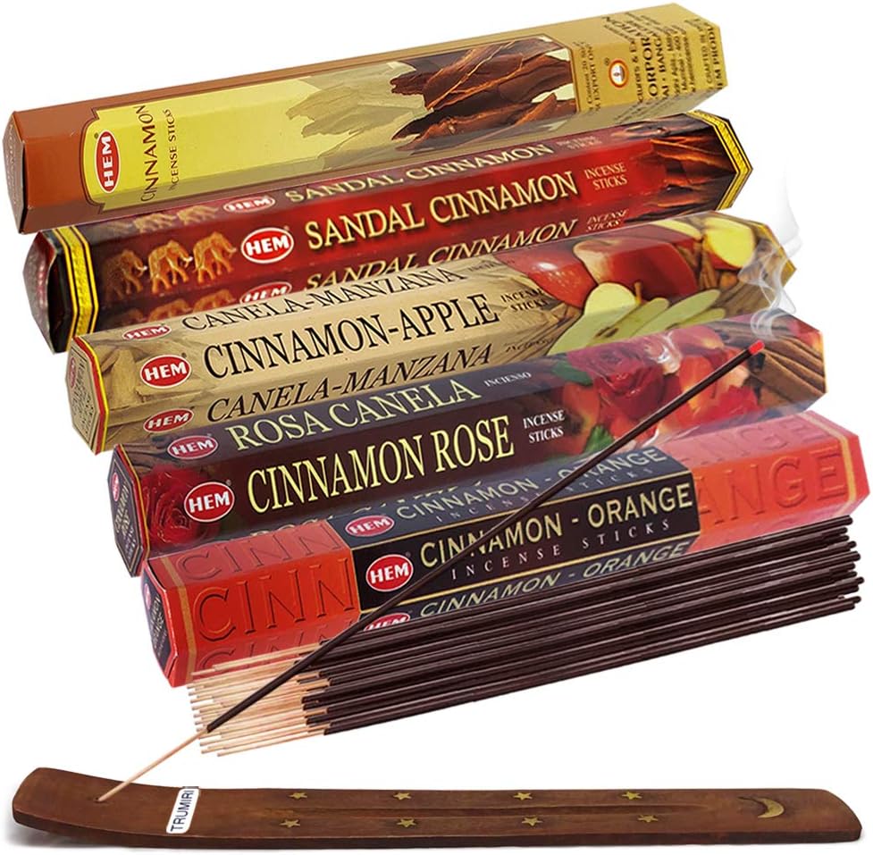 Hem Incense Sticks Variety Pack #8 and Incense Stick Holder Bundle with 5 Cinnamon Based Fragrances