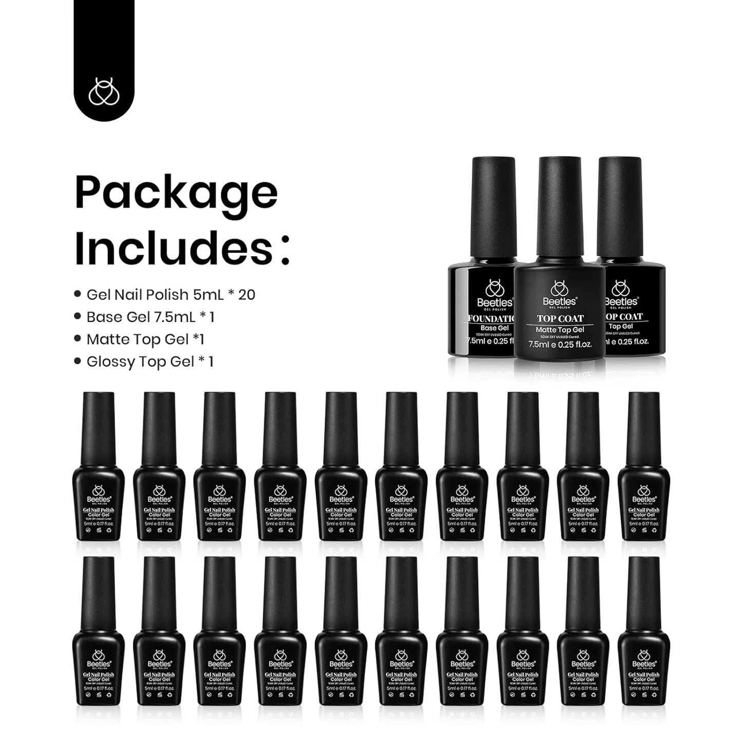 Beetles 20 Colors Gel Nail Polish Kit Midnight Euphoria Collection 23 Pcs Purple Blue Hot Pink Glitter Gel Polish Set Rainbow Soak off Uv Glossy & Matte Top Base Coat Gift for Women
